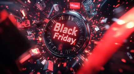 Black Friday Countdown: Neon Clock in Red and Black Exploding with Shopping Bags and Deals