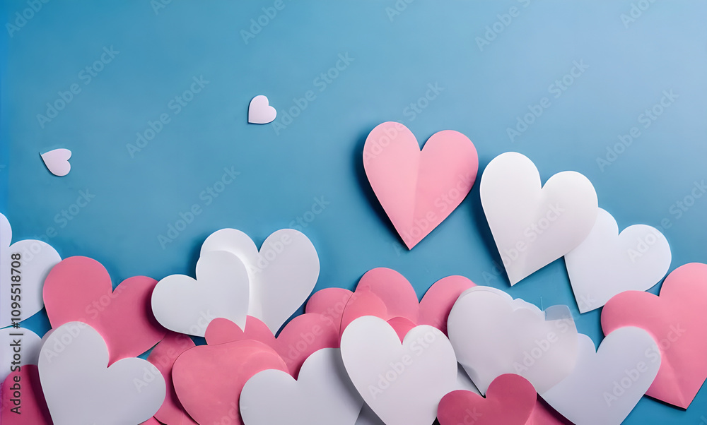 Poster blue background with many hearts of different colors. some are pink and some are white. the pink hea
