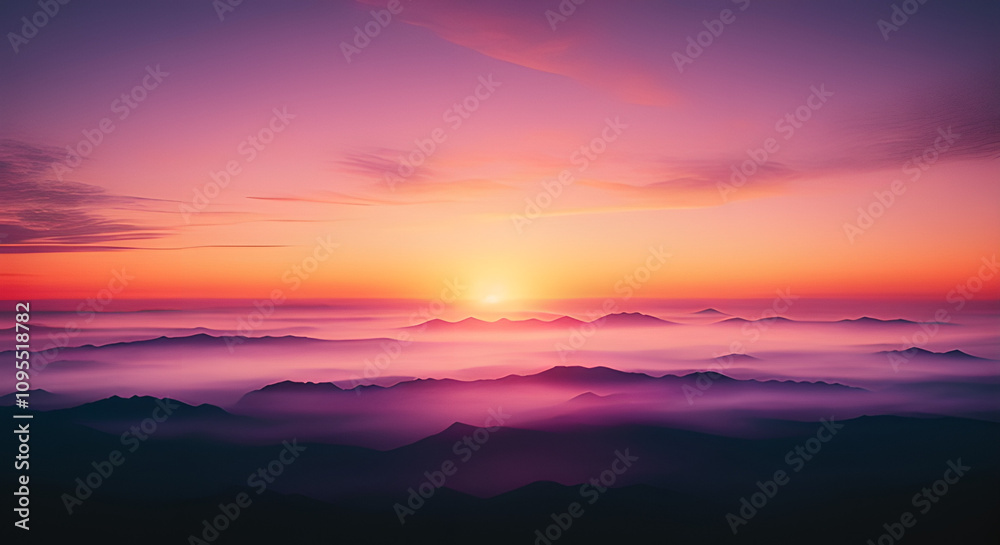Aufkleber beautiful sunset with a pink sky and a mountain range in the background. the sky is filled with clou