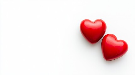 Two glossy red hearts symbolizing love and affection on a white background.