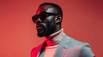 Fototapeta premium Stylish Black Man Red Background Portrait Sunglasses Fashion Blazer