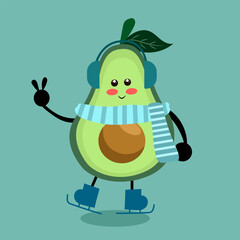 Cartoon avocado ice skating perfect to sticker, clipart, mascoot