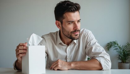 Thoughtful man sitting at a table with a tissue box, casual outfit, indoor setting, light background, ideal for articles about self-care and seasonal health tips
