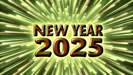 Dynamic vector design of New Year 2025 celebration, featuring fireworks, bold typography, and shimmering metallic gradients, ideal for event promotions and posters