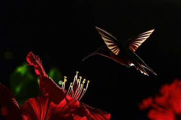 Obraz premium Colorful hummingbird hovering near vibrant red hibiscus flower against a dark background, capturing the beauty of nature.