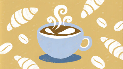 Cute vector illustration of a coffee cup with steam and latte art, surrounded by coffee beans and croissants, in a hand-drawn cartoon style, perfect for cafe branding or social media posts