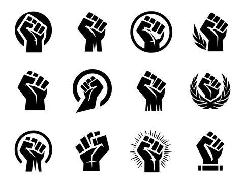 Collection of Raised Fist Icons: Power, Unity, and Protest. Set of fist silhouette. black and white fist
