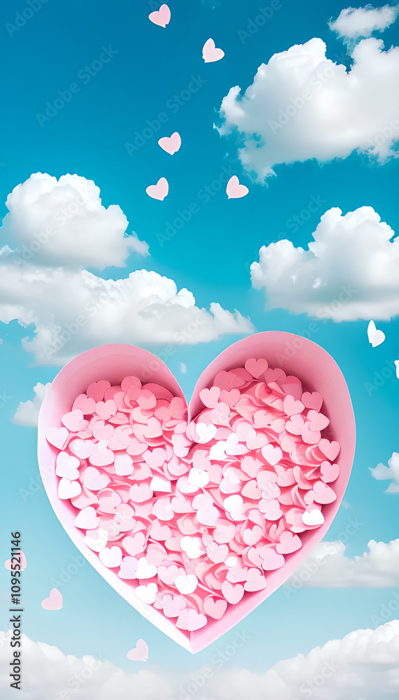 Poster heart made of pink hearts is floating in the sky. the heart is surrounded by clouds