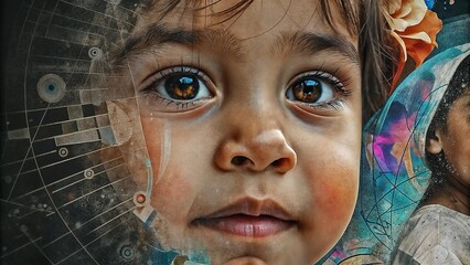 Close-up portrait of an indigo child with a curious expression in a colorful collage background