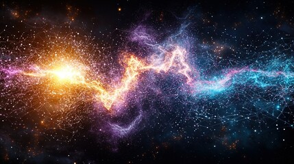   A space filled with stars, surrounded by bright blue and yellow light on a black background