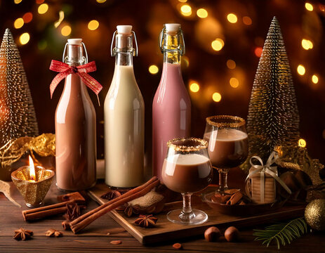 Christmas-themed magazine-style images featuring 3 elegant coquito bottles with glasses