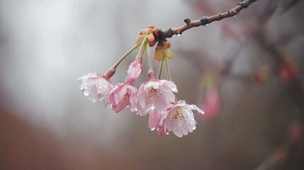   A tree with pink flowers on a branch, water droplets on leaves, and tree branches in the backdrop