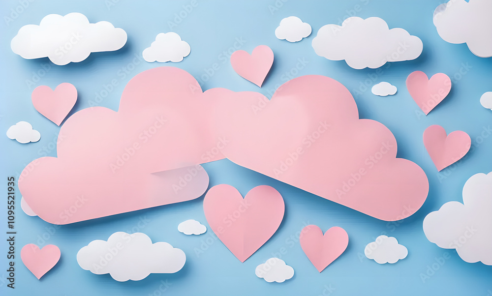 Aufkleber blue sky with clouds and many hearts. the hearts are pink and scattered throughout the sky. the clou