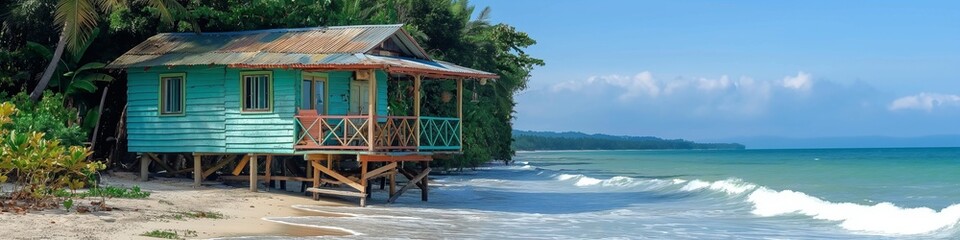 Charming beach house on stilts with white sand beach.