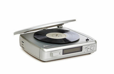 Obraz premium Modern Silver Digital CD Player Open Lid Featuring Vinyl Record for Aesthetic and Artistic Presentation in Stock Photography