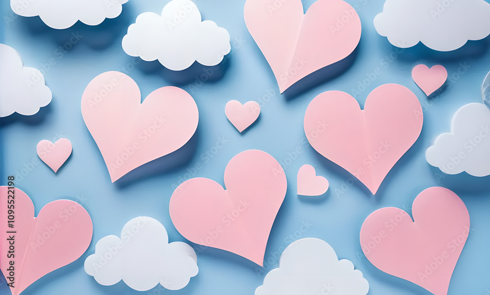 Poster beautiful blue background with a large number of pink hearts scattered throughout the scene. the clo