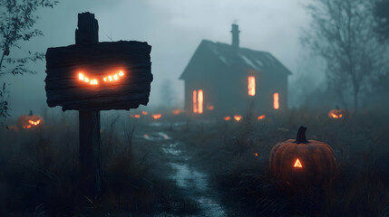 Enchanting Halloween Night Scene Featuring Glowing Pumpkins and an Eerie House Surrounded by Spooky Atmosphere and Mystical Fog
