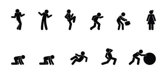 icon man, human poses and gestures, isolated silhouettes of people, stick figure pictogram