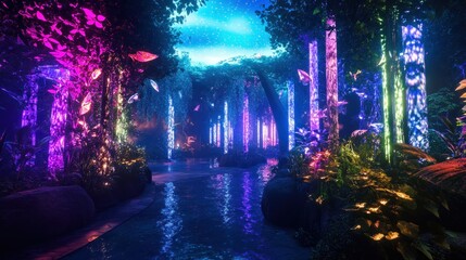 Obraz premium A vibrant, illuminated forest with colorful trees and a serene waterway.