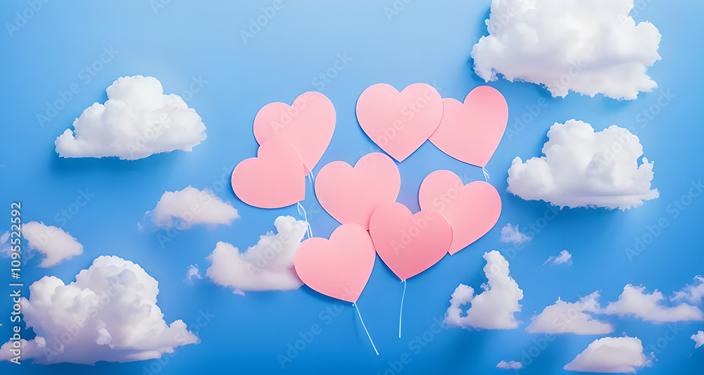 Poster bunch of pink hearts are floating in the sky. there are six hearts in total. the sky is blue with so