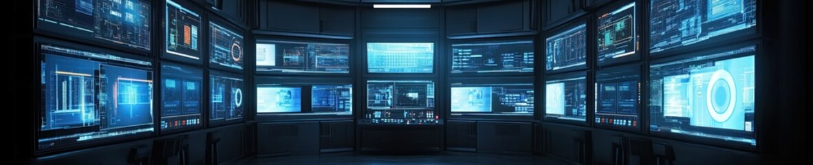 Obraz premium A dark room with many glowing blue screens.