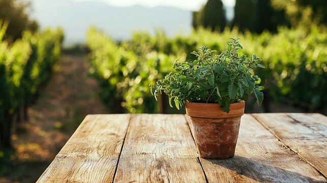   A potted plant atop a wooden table, flanked by green field plants