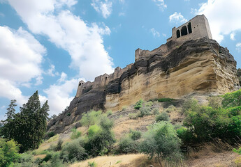Fototapeta premium Wide Angle Photograph of an Ancient Castle Perched on a Rocky Outcrop Under a Bright Blue Sky with Fluffy White Clouds and Lush Greenery Surrounding the Structure