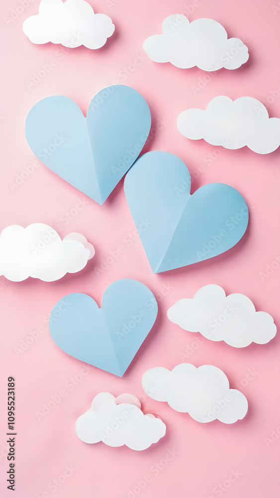 Poster pink background with three blue hearts and clouds. the hearts are placed in different positions, wit