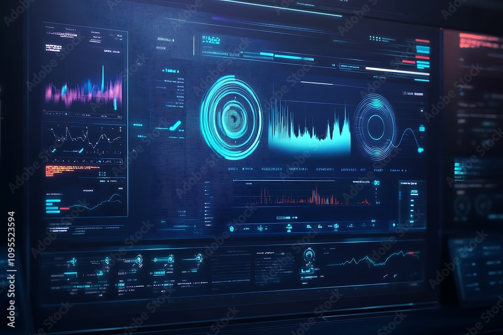 Aufkleber futuristic interface displaying data analytics and monitoring metrics.