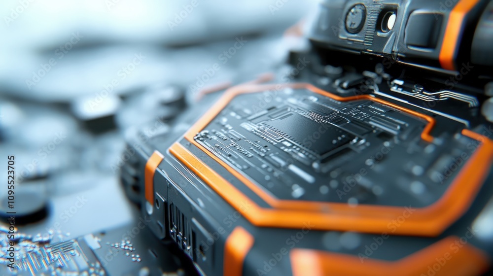 Poster dismantled digital camera revealing intricate sensor and circuitry details