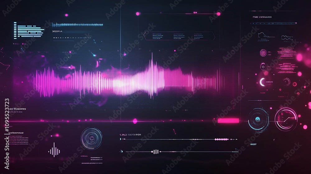 Poster digital audio waveform visualization with futuristic interface elements.