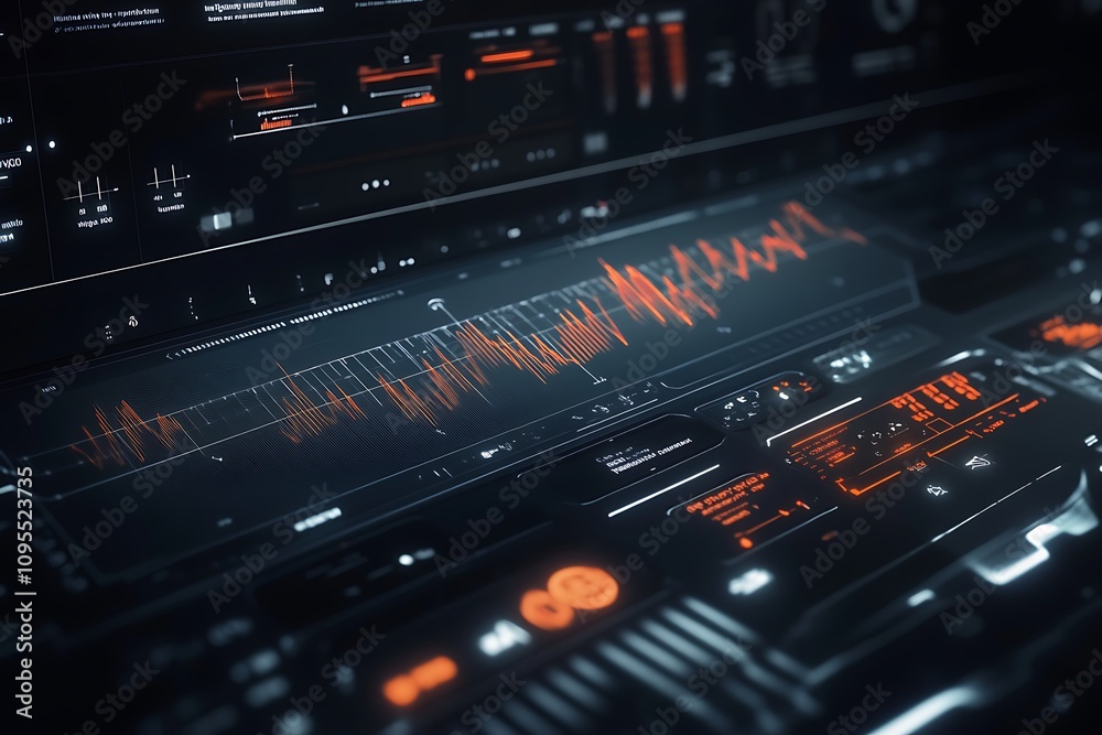 Aufkleber a futuristic interface displaying data analytics and waveforms in a dark, high-tech environment.