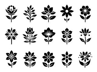 Collection of  Stylish Black and White Floral Icons. set of flower silhouettes