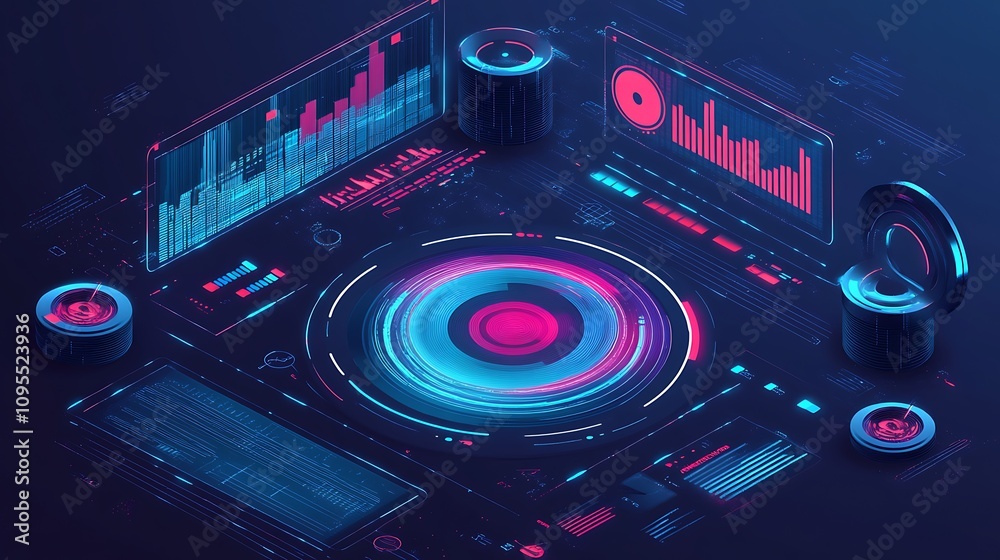 Poster a futuristic digital interface with graphs and data visualizations in vibrant colors.