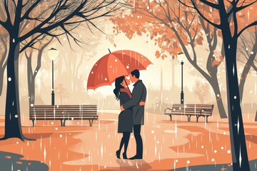  Romantic couple kissing under umbrella in autumn park, perfect for Valentine's Day cards and love-themed promotions