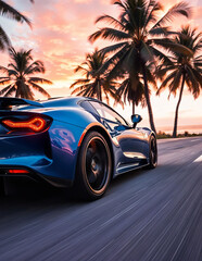 A blue sports car speeds along a coastal road at sunset, palm trees framing the scene. The vibrant colors and motion blur create a sense of freedom and luxury.