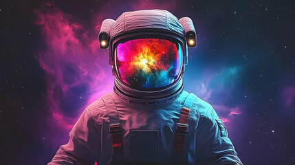Fototapeta premium Stunning Front View of an Astronaut in a Space Suit with a Colorful Helmet, Set Against a Vivid Cosmic Background of Stars and Galactic Nebulae