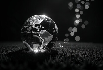 Glass Earth Globe on Dark Grass, Bokeh Lights, Black Background