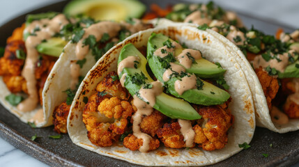 Gourmet Food Truck and Street Tacos. Delicious cauliflower tacos topped with avocado slices and drizzled with a creamy sauce, garnished with fresh herbs, served on a dark plate.