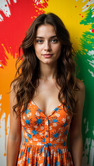 Young Woman Poses in Orange Floral Dress Against Colorful Splashes