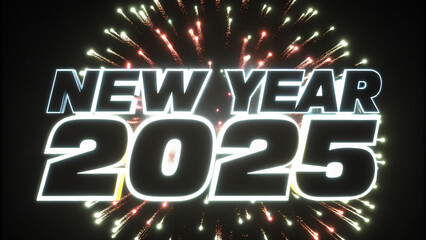 Dynamic vector design of New Year 2025 celebration, featuring fireworks, bold typography, and shimmering metallic gradients, ideal for event promotions and posters