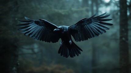 Naklejka premium Powerful black crow flight with wide wingspan image