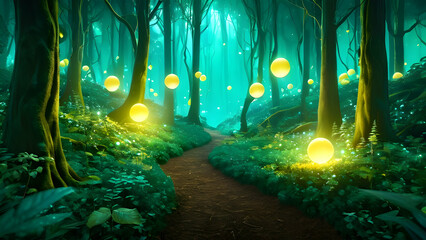 "A magical enchanted forest illuminated by glowing orbs of light, with a soft gradient backdrop blending emerald green, turquoise, and golden yellow."