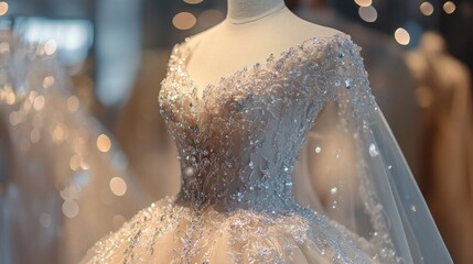 Luxurious bridal dress embellished with sparkling jewels and diamonds, elegantly displayed on a mannequin