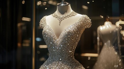 Obraz premium A luxurious, jewel-encrusted bridal dress, shining with diamonds on a mannequin, creating a dazzling display