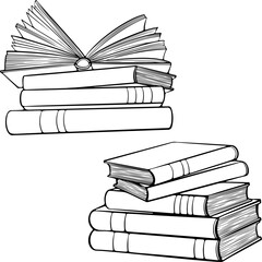 Set of stacks of books with an opened notebook. School, education library symbol. Reading and writing concept. Vector illustration in hand drawn sketch doodle style. Line art isolated on white