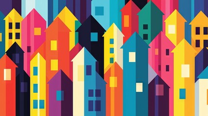   A row of colorful homes within a vibrant cityscape, framed by a clear blue sky