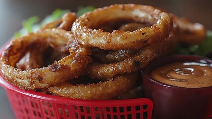 Close-up of crispy onion rings in a red basket with dipping sauce.