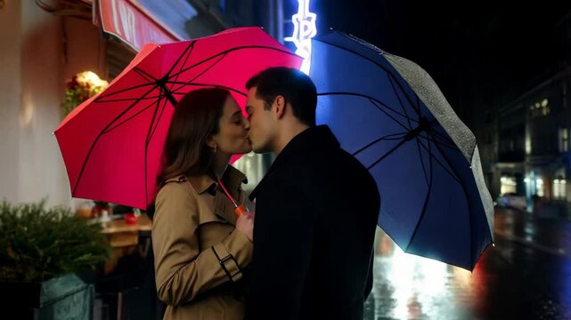 A White couple stands close together, sharing a tender moment while holding colorful umbrellas in a vibrant city. The streets glisten with rain, creating a cozy atmosphere around them.