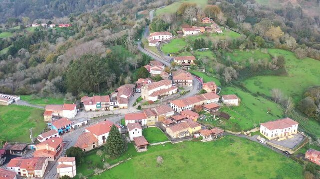 Torazo village, aerial view, Asturias, Spain